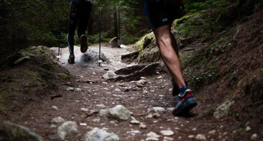 Two people hiking down a dirt and pebbled path