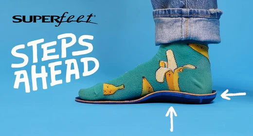 Superfeet Steps Ahead logo with a foot wearing a banana sock stepping on a Superfeet insole.