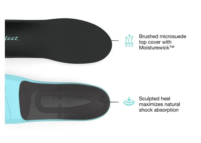 Pair of Superfeet Casual Support Insoles with feature highlights that say Brushed microsuede top cover with Moisturewick and Sculpted heel maximizes natural shock absorption.