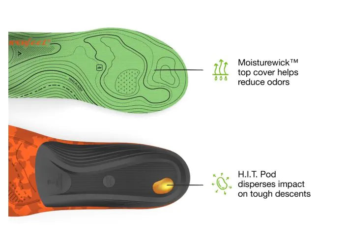 Pair of Superfeet Hike Support Insoles with feature highlights that say Moisturewick top cover helps reduce odors and H.I.T. Pod disperses impact on tough descents.