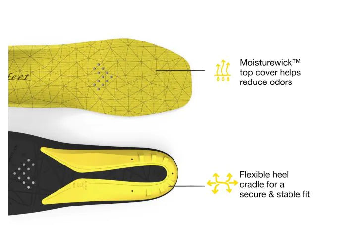 Pair of Superfeet Hockey Cushion insole with feature highlights that say Moisturewick top cover helps reduce odors and Flexible heel cradle for a secure and stable fit.