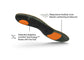 View of the bottom of a single Superfeet Hike Cushion insole with highlighted features that say Responsive forefoot zone blends cushioning & rebound and Patented Adaptive Comfort Technology flexes with the foot.