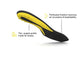 View of the bottom of a single Superfeet Hockey Cushion Insole with highlighted features that say Perforated forefoot improves air circulation and breathability and Thin, angled profile made for skates.