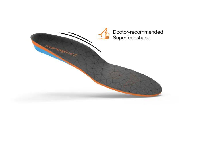 View of the top of a single Superfeet All-Purpose Cushion Insoles with thumbs-up icon and text that says Doctor-recommended Superfeet shape.
