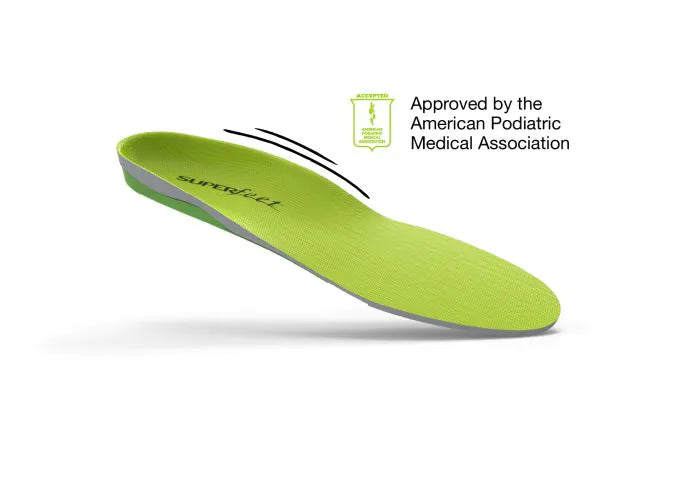 View of the top of a single Superfeet All-Purpose Wide-Fit Support Insoles with logo and text that says Approved by the American Podiatric Medical Association.