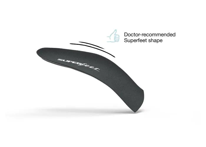 View of the top of a single Superfeet Casual Easyfit High Heel Insole with thumbs-up icon and text that says Doctor-recommended Superfeet shape.