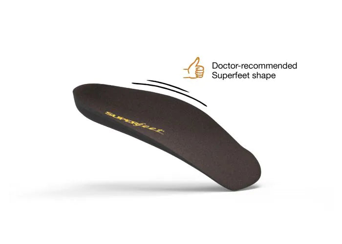 View of the top of a single Superfeet Casual Men's Easyfit Insole with thumbs-up icon and text that says Doctor-recommended Superfeet shape.