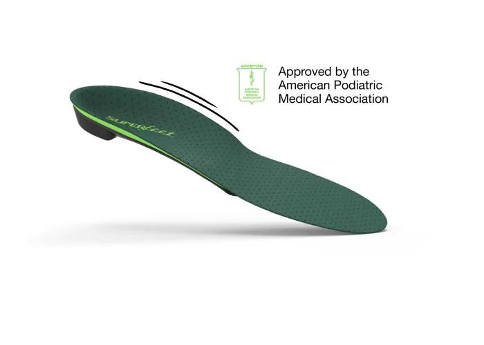 View of the top of a single Superfeet Casual Pain Relief insole with logo and text that says Approved by the American Podiatric Medical Association.