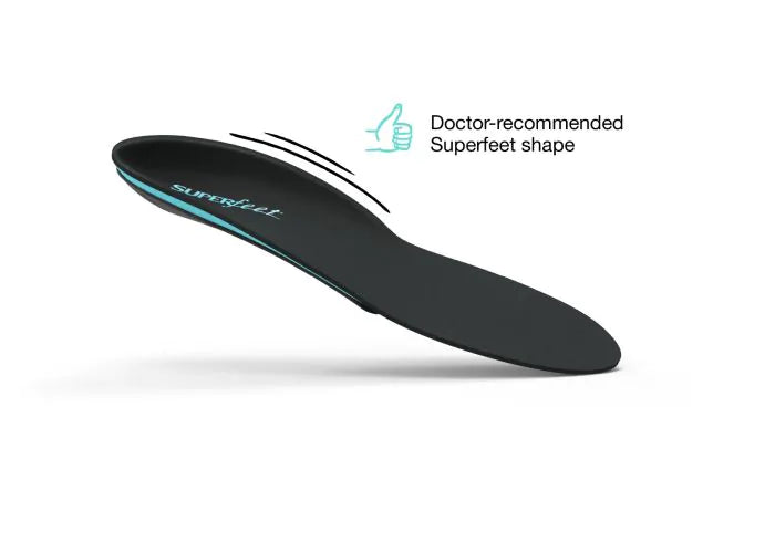 View of the top of a single Superfeet Casual Support Insole with thumbs-up icon and text that says Doctor-recommended Superfeet shape.