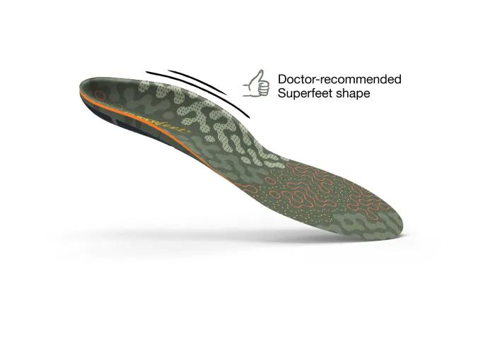 View of the top of a single Superfeet Hike Cushion Insole with thumbs-up icon and text that says Doctor-recommended Superfeet shape.
