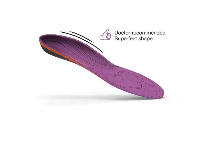 View of the top of a single Superfeet Hike Women's Support Insole with thumbs-up icon and text that says Doctor-recommended Superfeet shape.