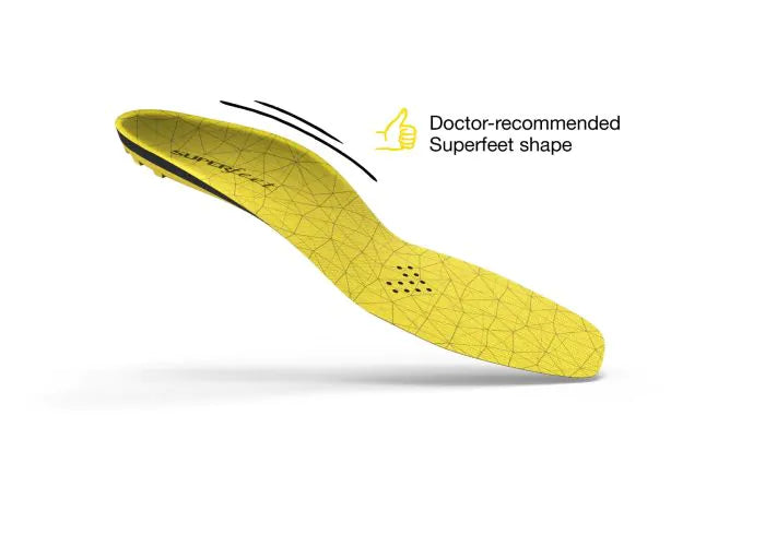 View of the top of a single Superfeet Hockey Cushion Insole with thumbs-up icon and text that says Doctor-recommended Superfeet shape.
