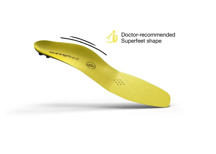 View of the top of a single Superfeet Hockey Performance Insole with thumbs-up icon and text that says Doctor-recommended Superfeet shape.