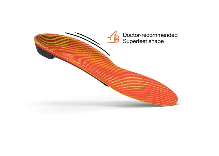 View of the top of a single Superfeet Run Pain Relief Insole with thumbs-up icon and text that says Doctor-recommended Superfeet shape.