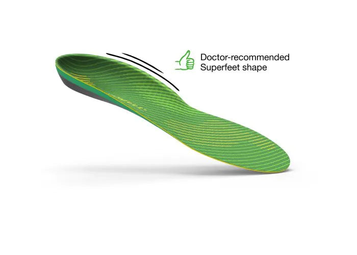 View of the top of a single Superfeet Run Support High Arch Insole with thumbs-up icon and text that says Doctor-recommended Superfeet shape.