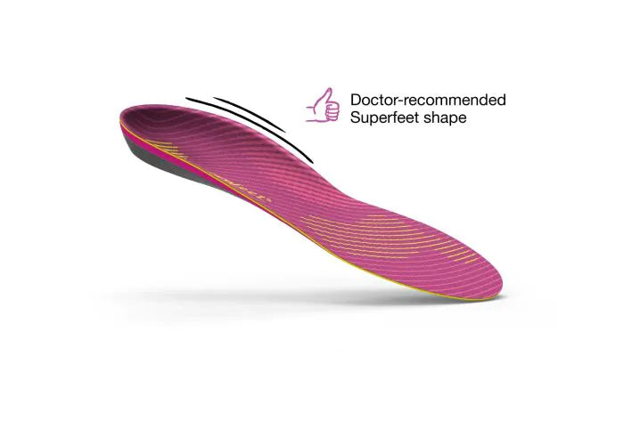 View of the top of a single Superfeet Run Women's Support Insole with thumbs-up icon and text that says Doctor-recommended Superfeet shape.