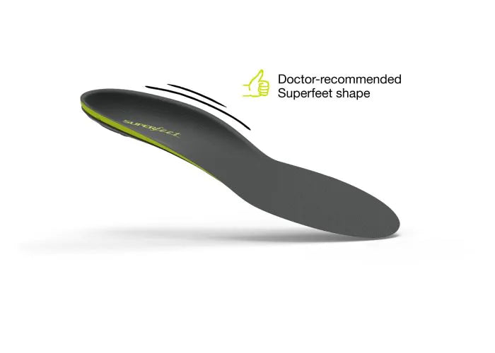 View of the top of a single Superfeet Run Support Low Arch Insole with thumbs-up icon and text that says Doctor-recommended Superfeet shape.