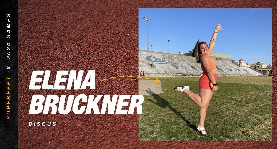 Graphic saying Elena Bruckner, Discus over her picture posing with a discus