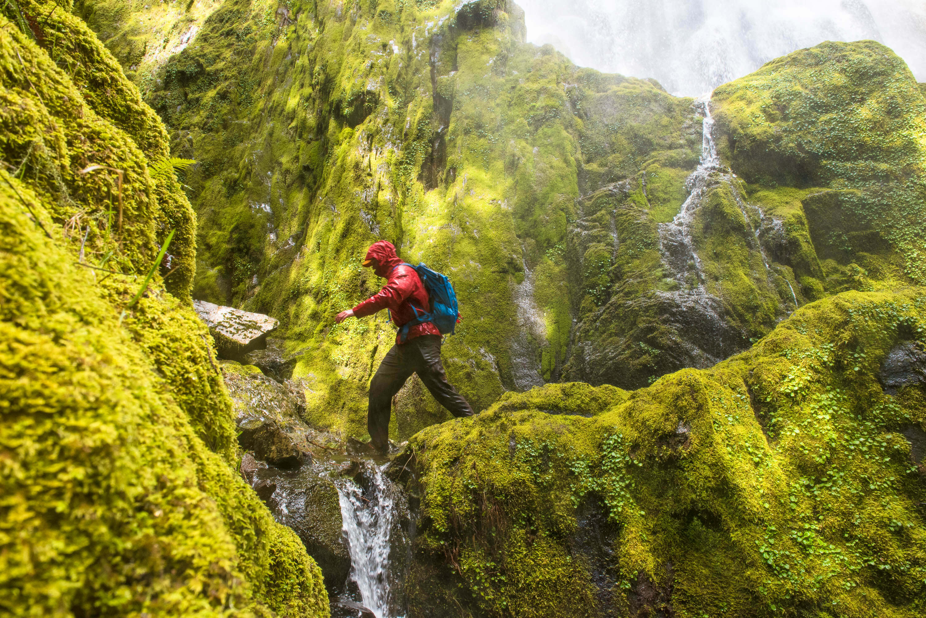 Waterfall spray, moss covered rocks and Lief on a micro adventure
